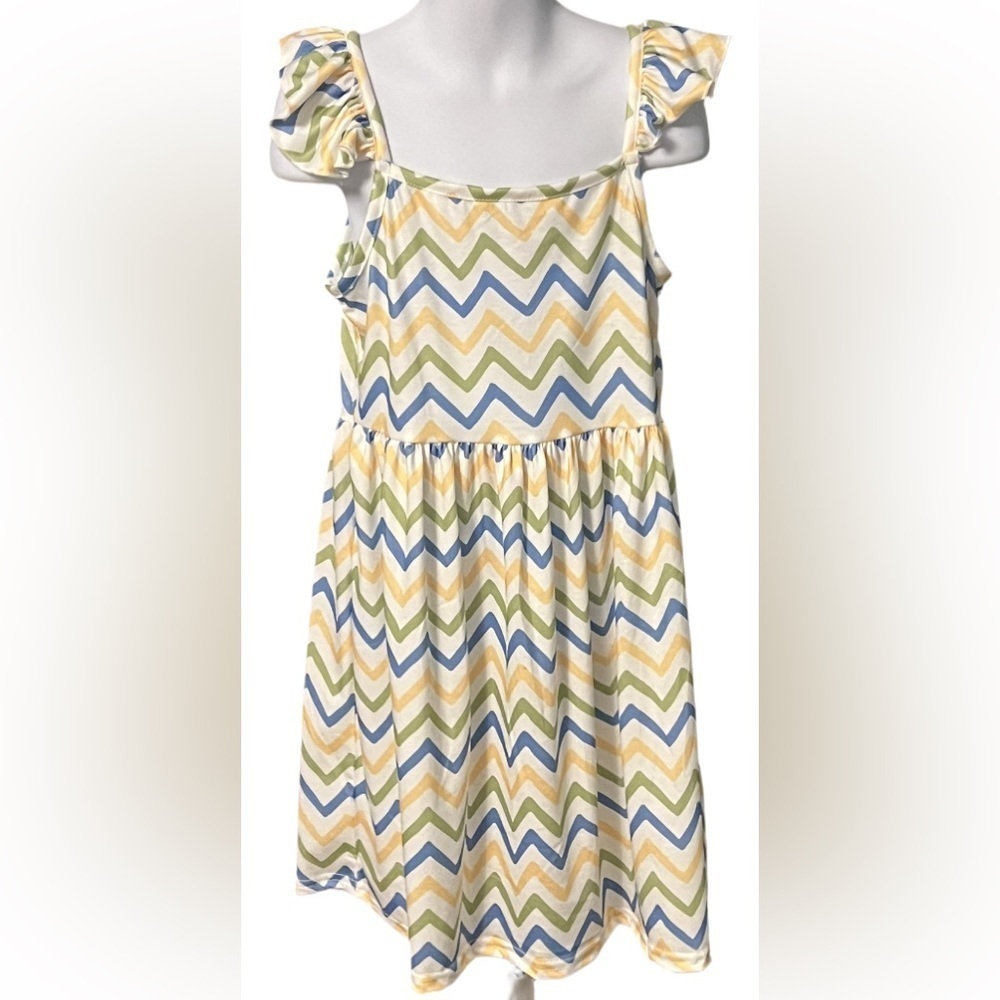 Chevron Patterned Blue White Green and Yellow Ruffle Tank Dress NWOT Boutique